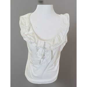 Women's Chaps White Summer Short Sleeve Ruffle Neck Cotton‎ Sz.L Button Accent